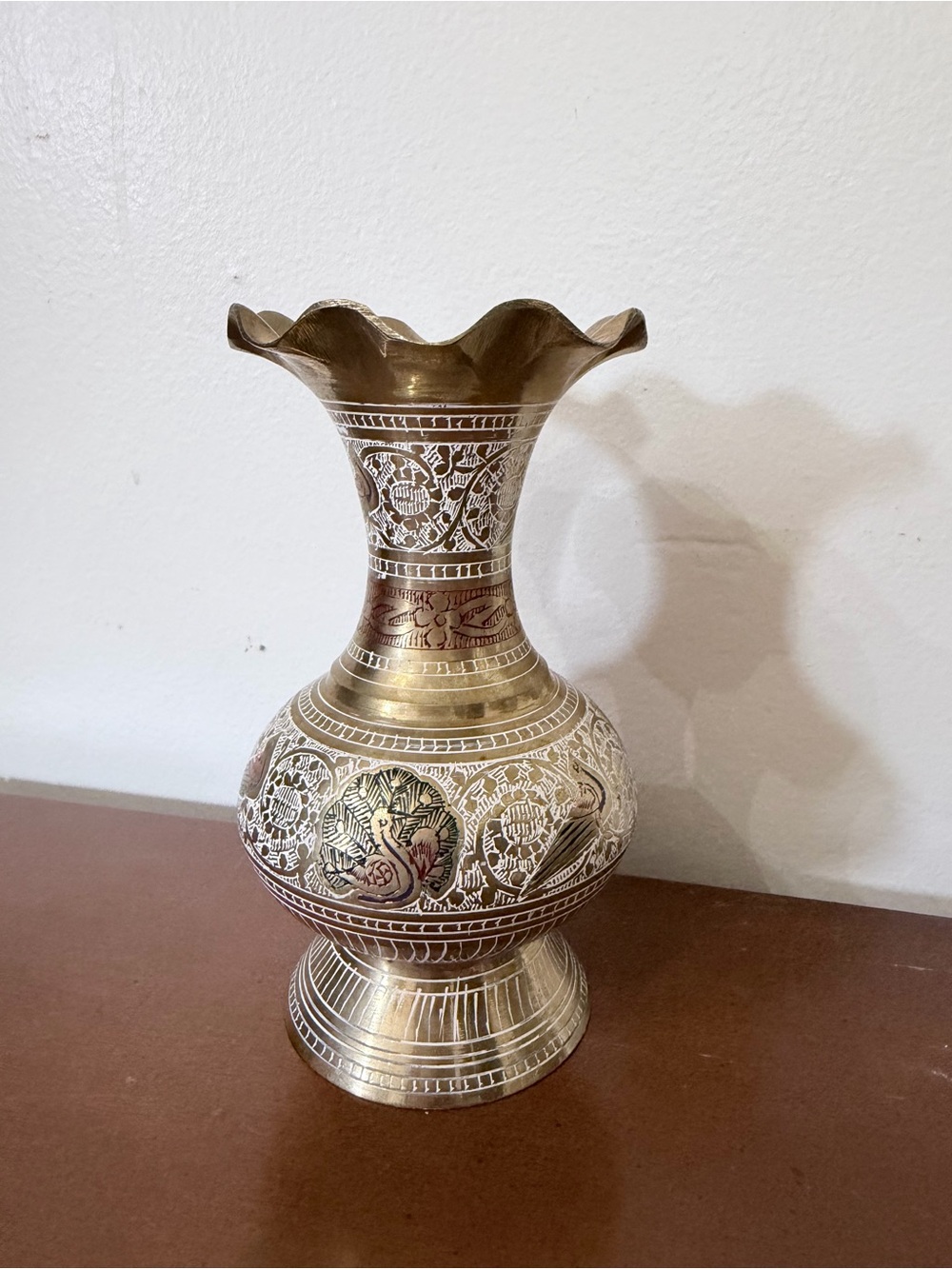Vintage Solid Brass Peacock Etched Mughal Islamic Bud Vase Birds Floral Boho